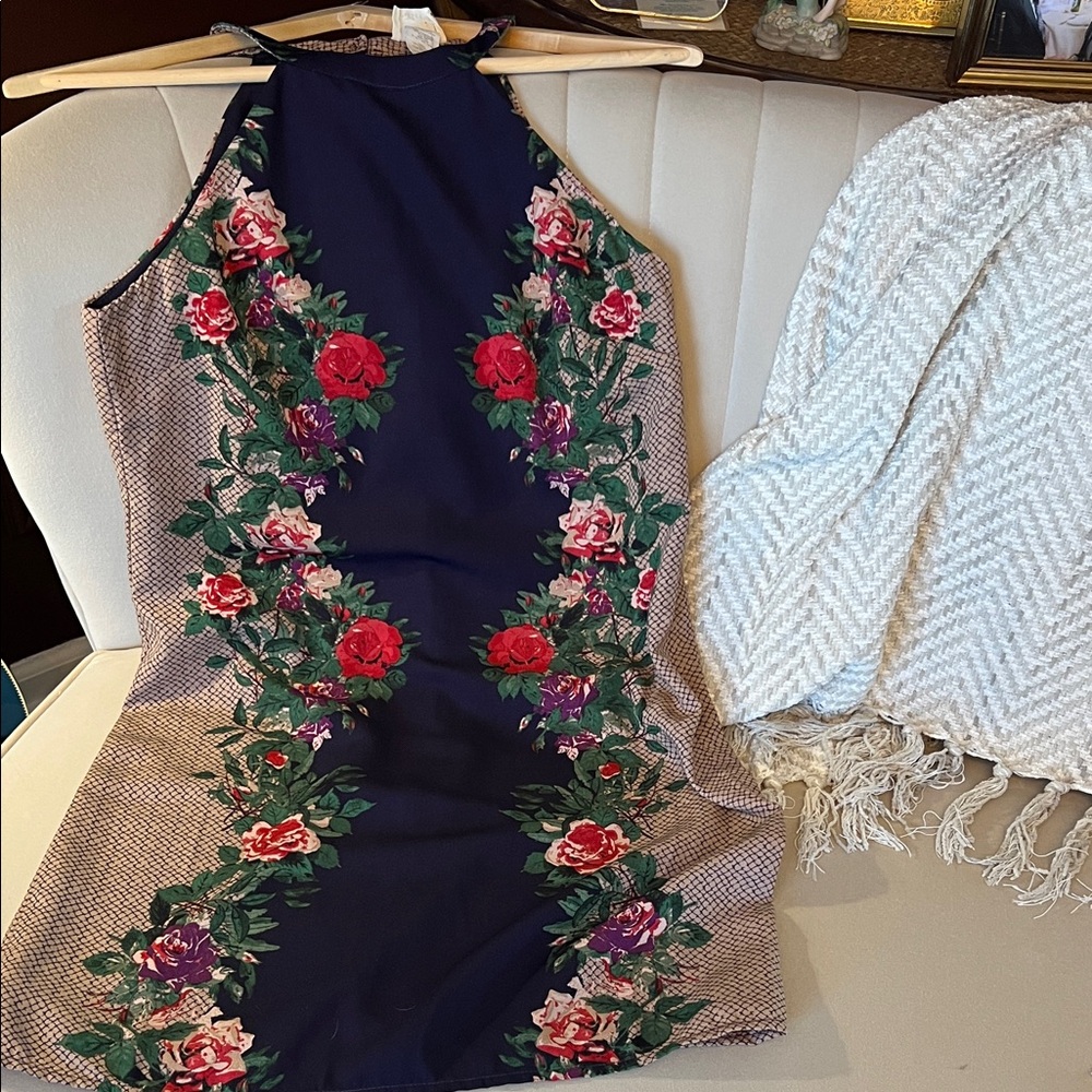 One Clothing Halter Style Tunic Dress — Red Floral on Navy